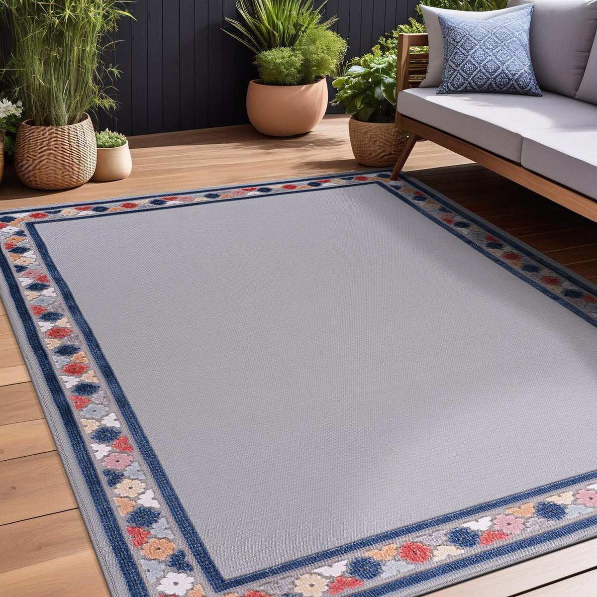 Beverly Rug Outdoor Rug 10x14 Modern Bordered Large Area Rugs for Indoor and Outdoor Patio Easy to Clean Non Shedding Living Room Porch Garden Washable Outside Carpet (10 x 14 Gray)