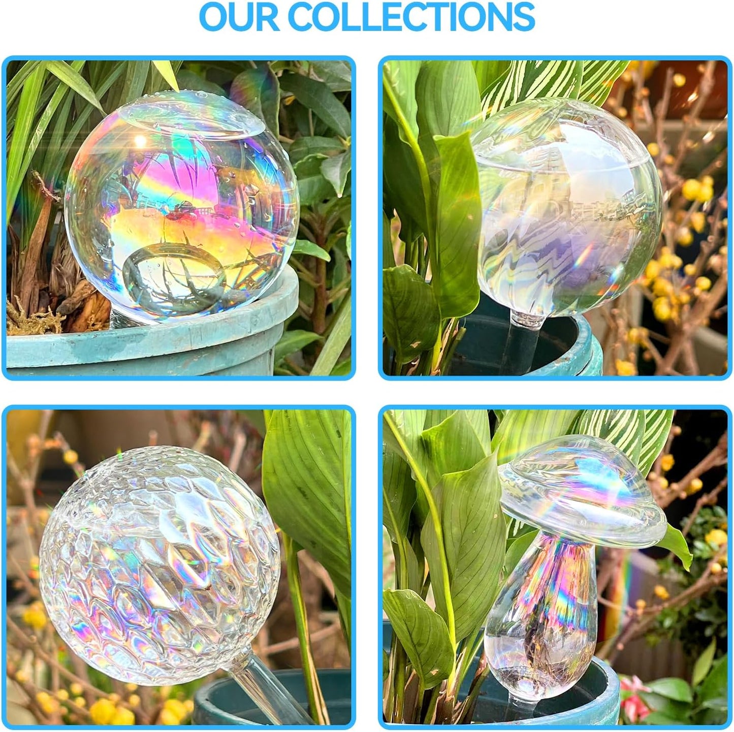 FLORA GUARD Plant Watering Globes, 4-PCS Glass Self Watering Planter Insert, Mushroom Rhombus Patterned Water Globes, Automatic Plant Waterer Bulbs Devices