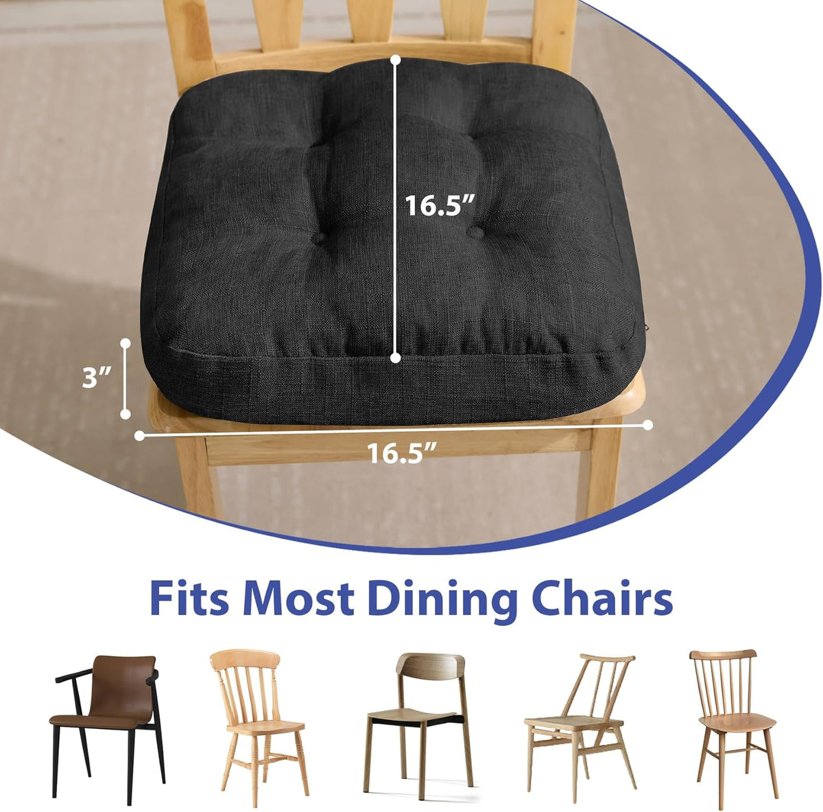 Chair Cushions, Foam Dining Chair Cushions, Tufted Indoor Chair Pads, 16.5” x 16.5” x 3.5”, Set of 2, Black