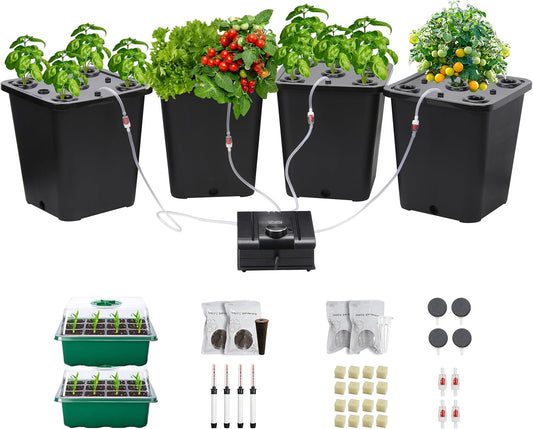 4 Hydroponic Buckets Kit for Plants, Hydroponics Growing System for Herbs/Tomato/Vegetables, DWC System with Air Pump & Germination Tray Black (Complete Indoor Hydroponic Gardening Supplies)