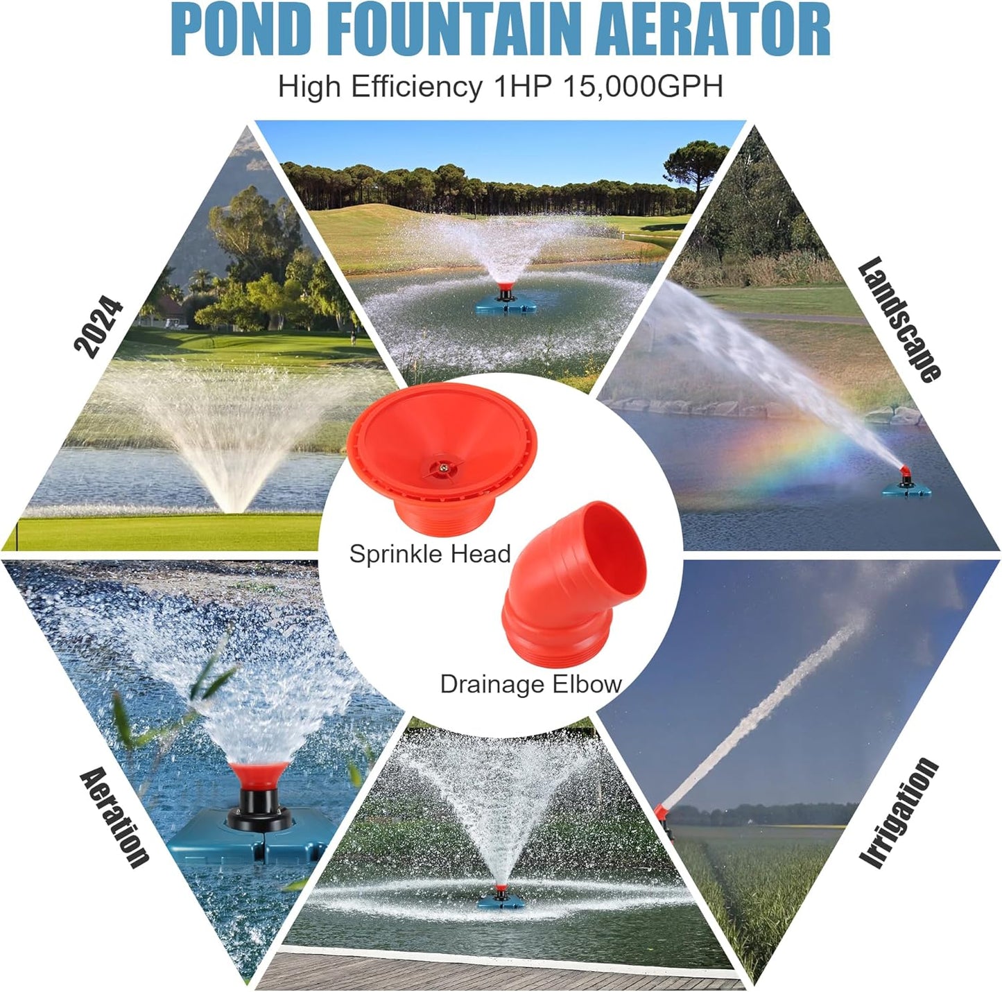 Goldlife Pond Fountain Aerator, F1-4 1HP 750W 110V PowerfuI Floating Pond Fountain Pump With 100 FT Power Cord, Outdoor Pond Aerating Fountains Cascade Pump for Small Large Ponds Lake Pond Jet System
