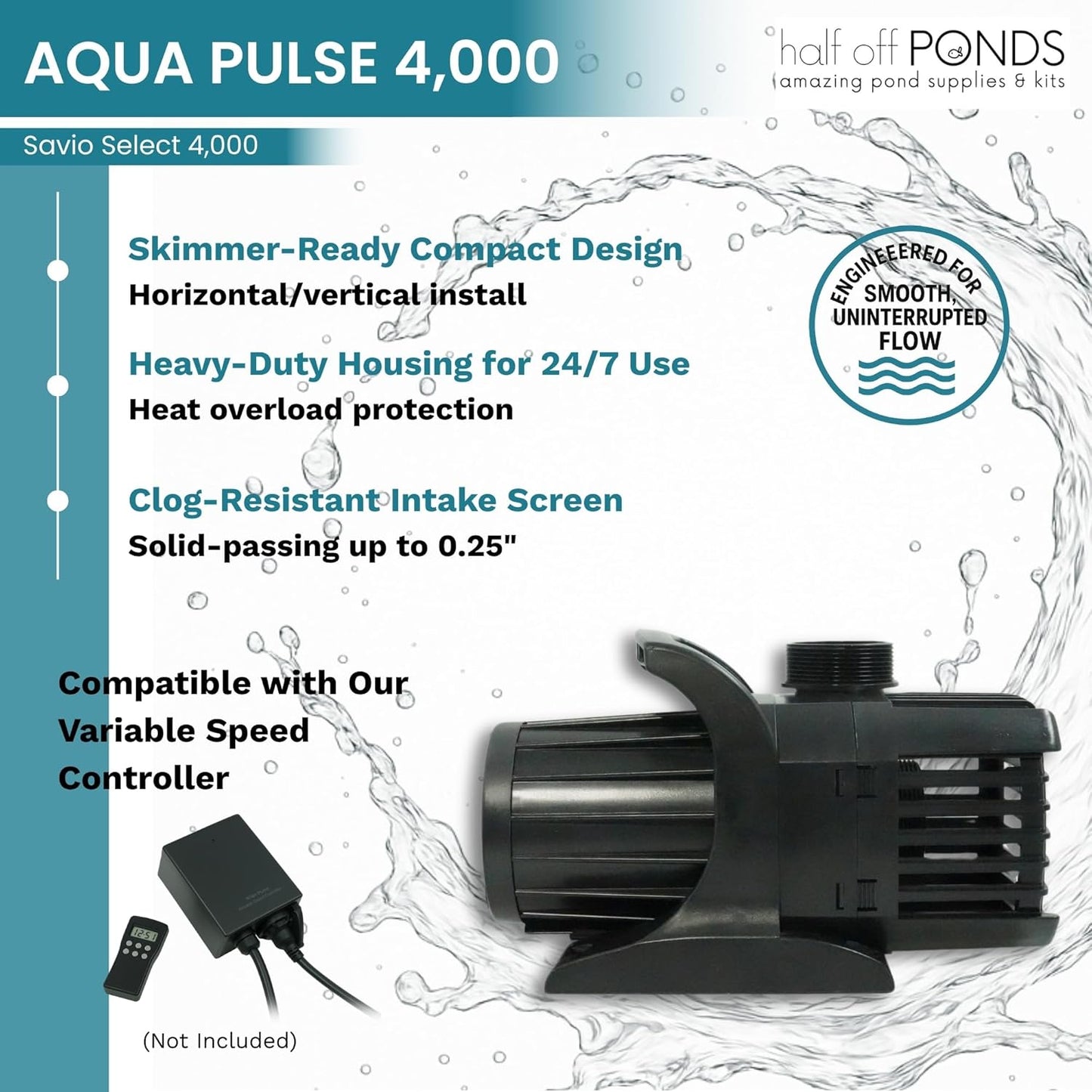 HALF OFF PONDS Savio Select 4,000 GPH Submersible Pump Pond Kit with 20' x 20' PVC Plastic Pond Liner for Water Garden & Koi Pond