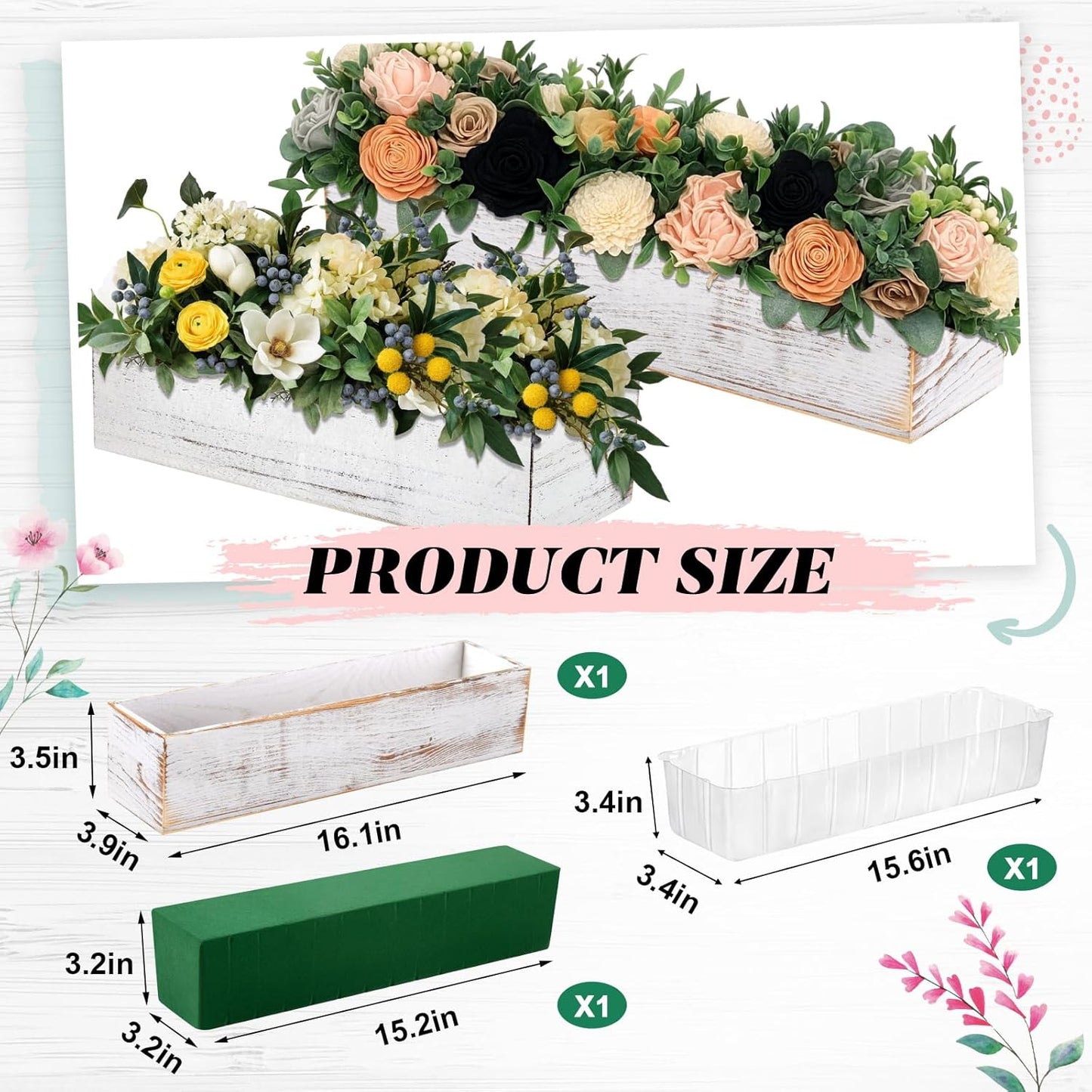 Dandat 1 Set Wood Boxes for Centerpieces 16x4 Inch Rectangle Wooden Planter Box Rustic Wooden Planters with Removable Plastic Liner Floral Foam Blocks for Home Wedding Garden Decor