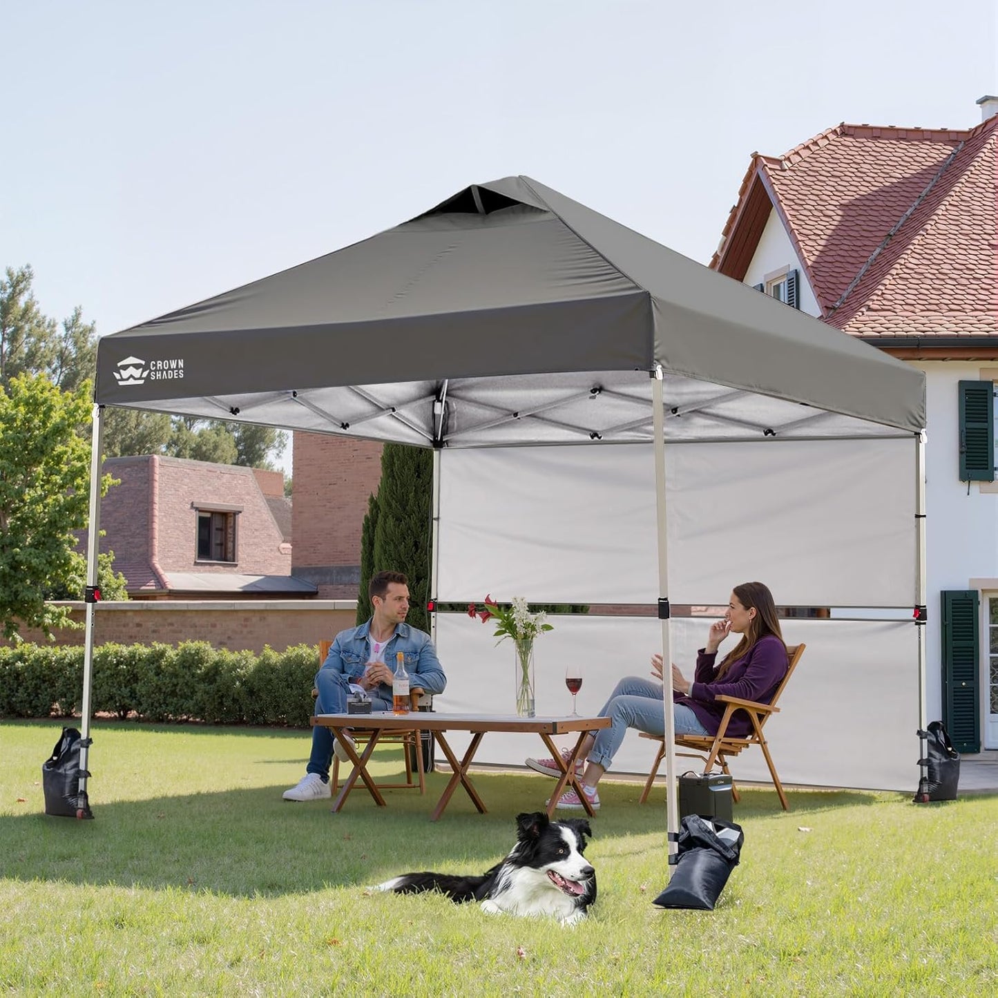 CROWN SHADES 10x10 Pop up Canopy Tent Instant Canopy with 150D Silver Coated Fabric Including 2 Half Sidewalls, 4 Ropes, 8 Stakes, 4 Weight Bags, STO 'N Go Bag, Grid Grey