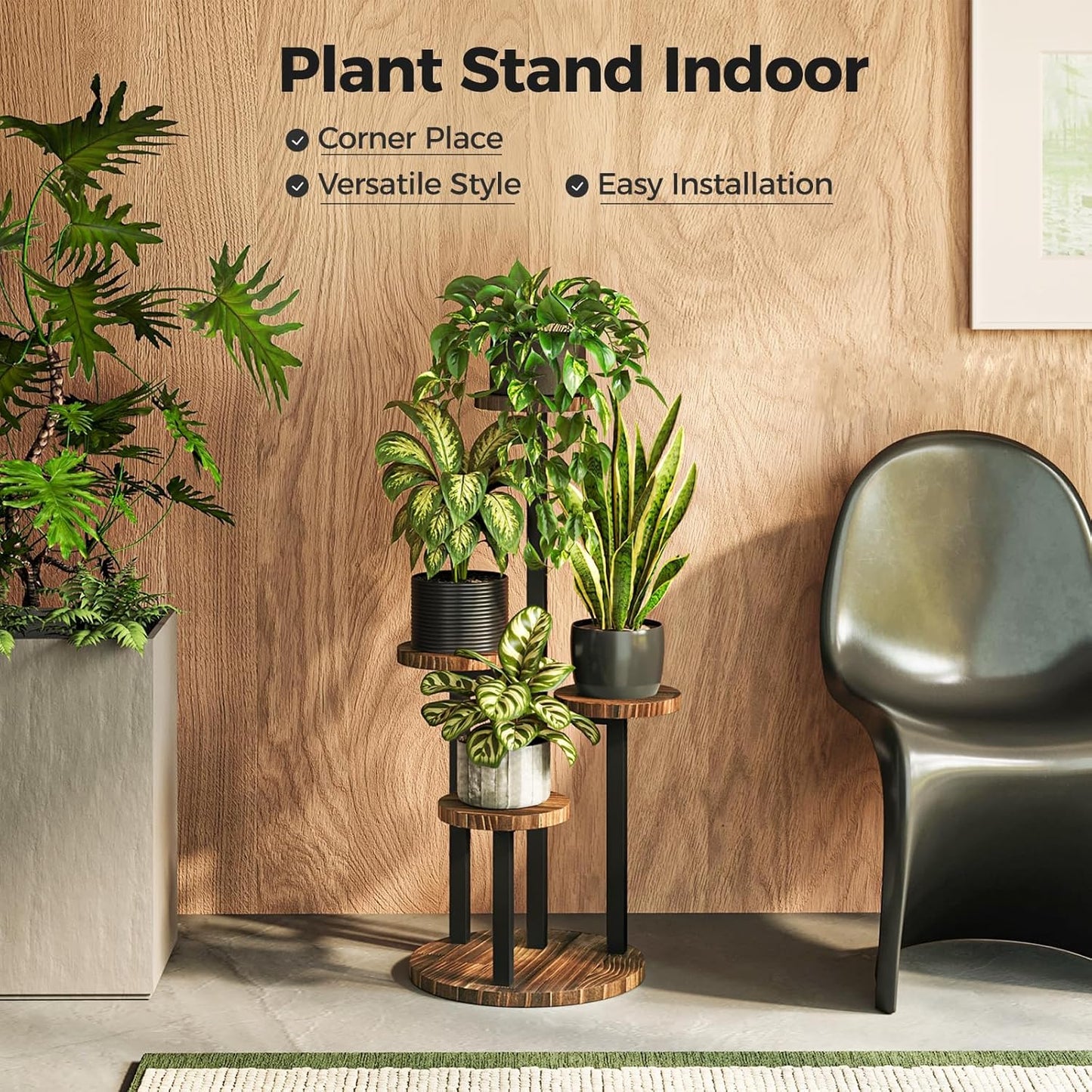 Bamworld 4 Tier Plant Stand Indoor, Tall Metal Wood Plant Shelf Outdoor,Small Flower Pot Holder Table Rack Garden Accessories for Corner Living Room Balcony Patio