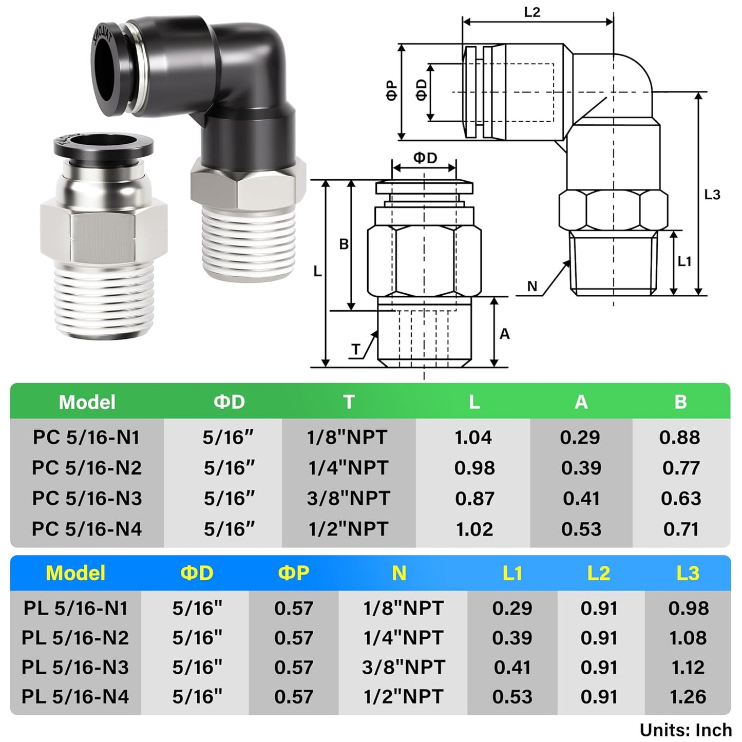 TAILONZ PNEUMATIC Elbow and Straight Combination 5/16 Inch Tube OD x 1/4 Inch NPT Thread Push to Connect Fittings PC-5/16-N2+PL-5/16-N2(Pack of 12)