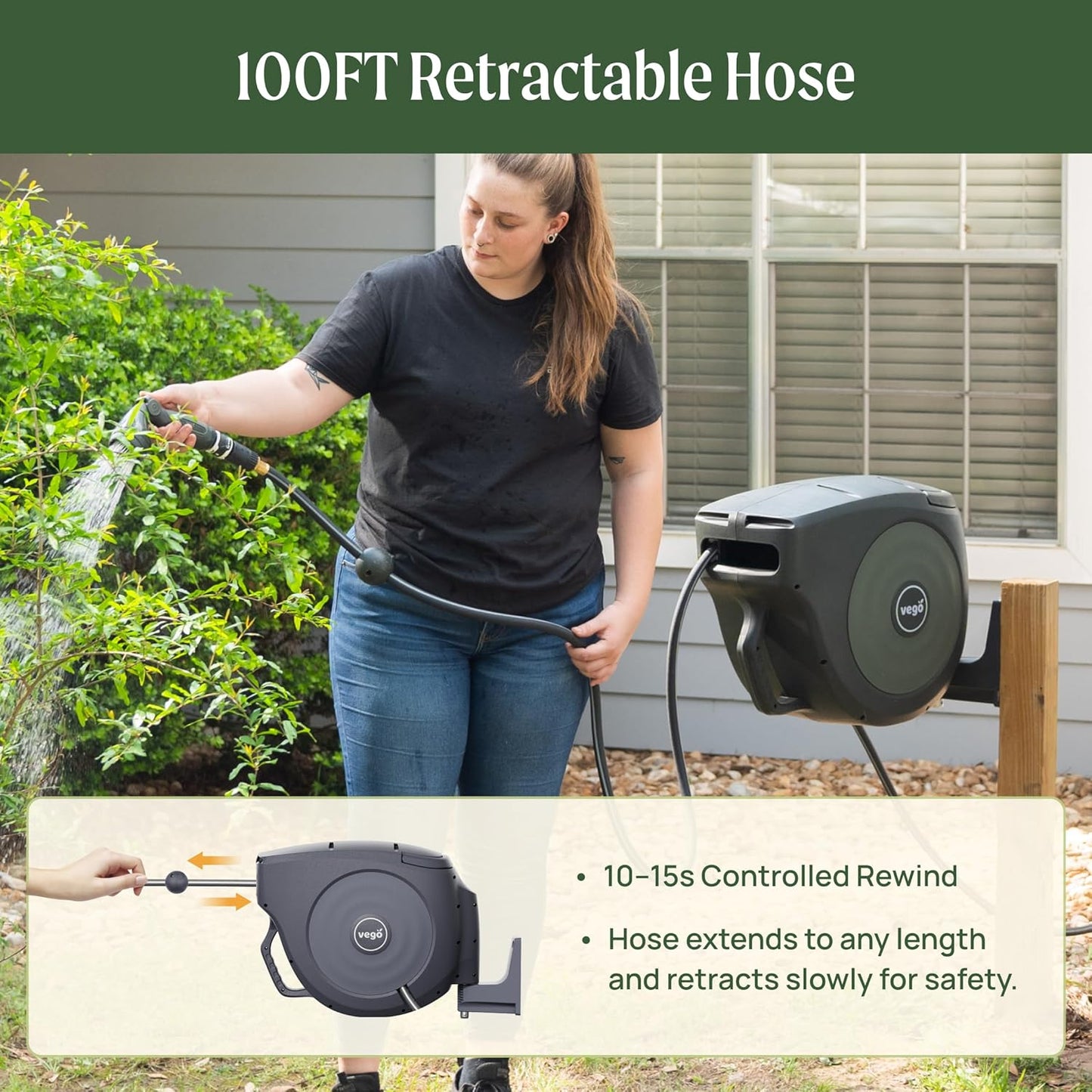 Vego Garden Hose Reel Retractable Hi-Flow x 100ft Wall Mounted Hose Reel Automatic Rewind, Any Length Lock with 9 Patterns Sprayer Nozzle, Quick Connector and Adjustable shot Nozzle-Cloud White