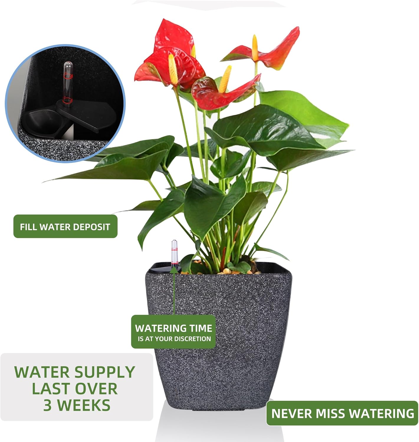 Dexceder 13x12 Self Watering Planter with Wheels Indoor Outdoor, Inner Mat Design, Thickened Large Floor Standing Flower Plant Pot with Water Level Indicator (Stone Matte)