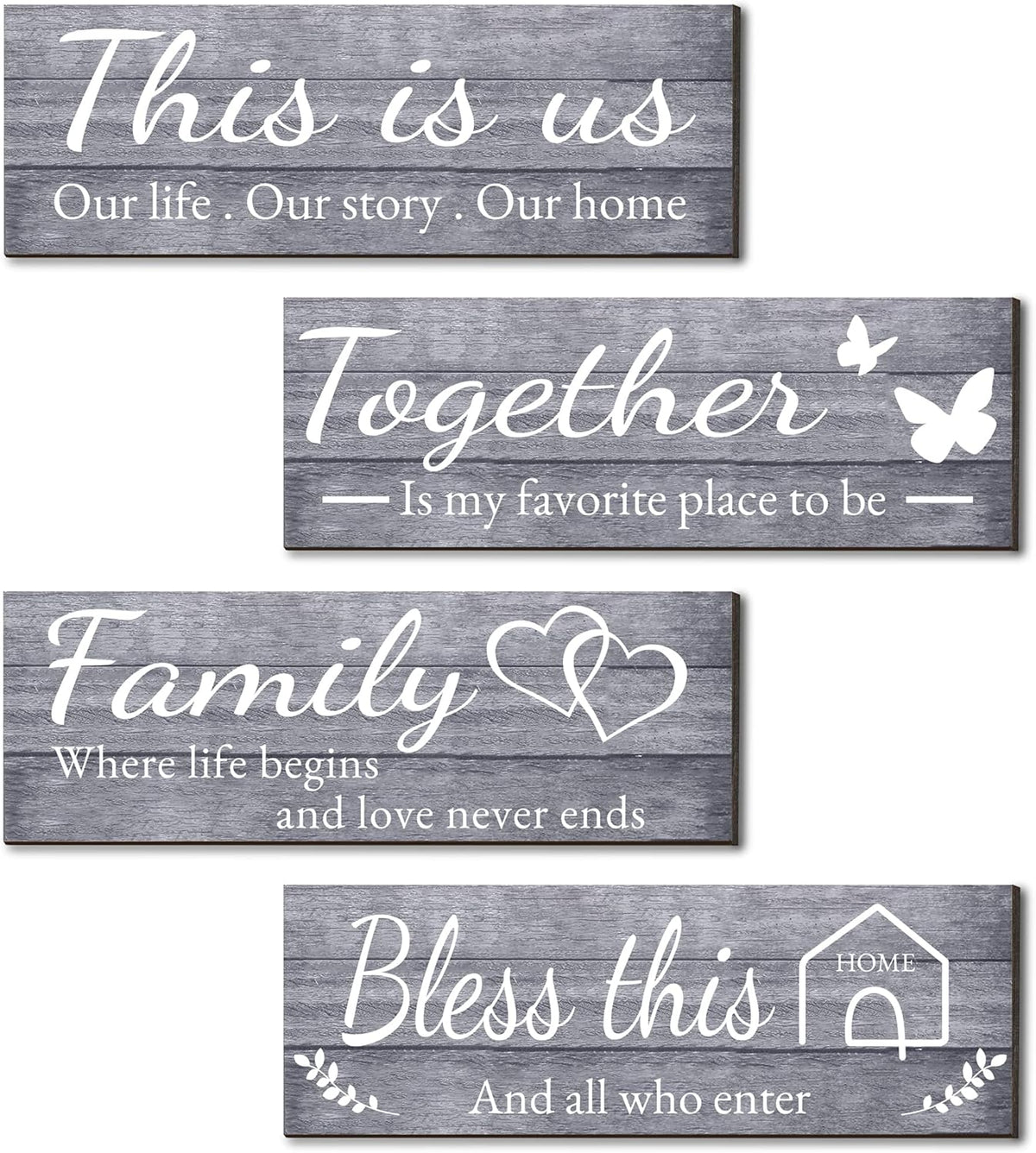 Joyhawk 4 Pieces Wall Decor Signs, THIS IS US, TOGETHER, BLESS THIS HOME, FAMILY Rustic Wooden Farmhouse Wall Art Décor For Living Room Bedroom Kitchen, , 4.7 x 13.8 Inch(Grey)