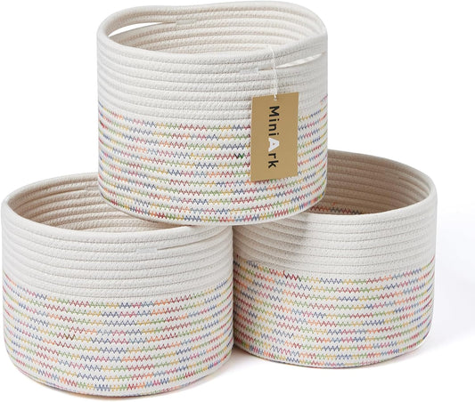 Small Basket for Organizing | Cube Shelf Closet Storage Baskets | 9.7×9.7×7.1” | Woven Rope Gift Basket | Nursery | Round 3 Packs Rainbow