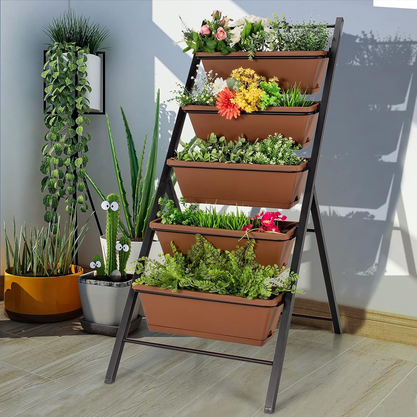 Giantex Vertical Planter Raised Bed, Elevated Garden Beds with Water Drainage Hole, Freestanding 5 Container Boxes for Herb Vegetables Flowers Growing, Outdoor Indoor Patio Balcony (Brown, 1)