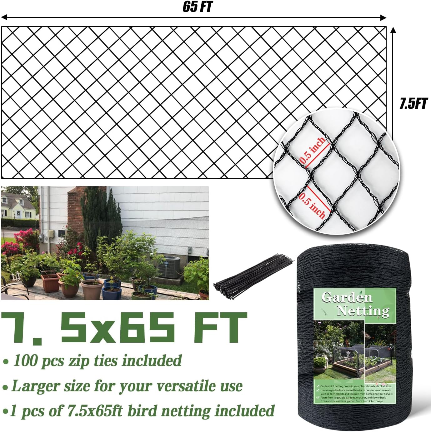 Bird Netting，7.5 x 65 FT Garden Netting Bird Net for Chicken Coop, Poultry Netting Fence for Fruit Trees, Plants and Vegetables Against Birds, Deer, Squirrels and Other Animals