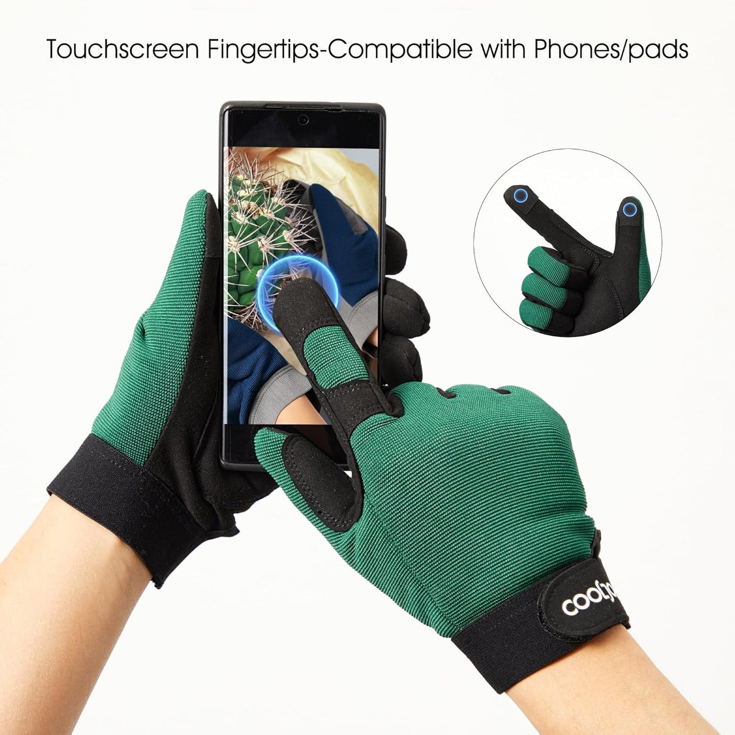 COOLJOB Thorn Proof Garden Gloves with Touchscreen Fingers for Men, Rose Pruning Work Gloves with Palm Cushion for Gardener, Farmer and Landscaper (Green 1 Pair Medium)