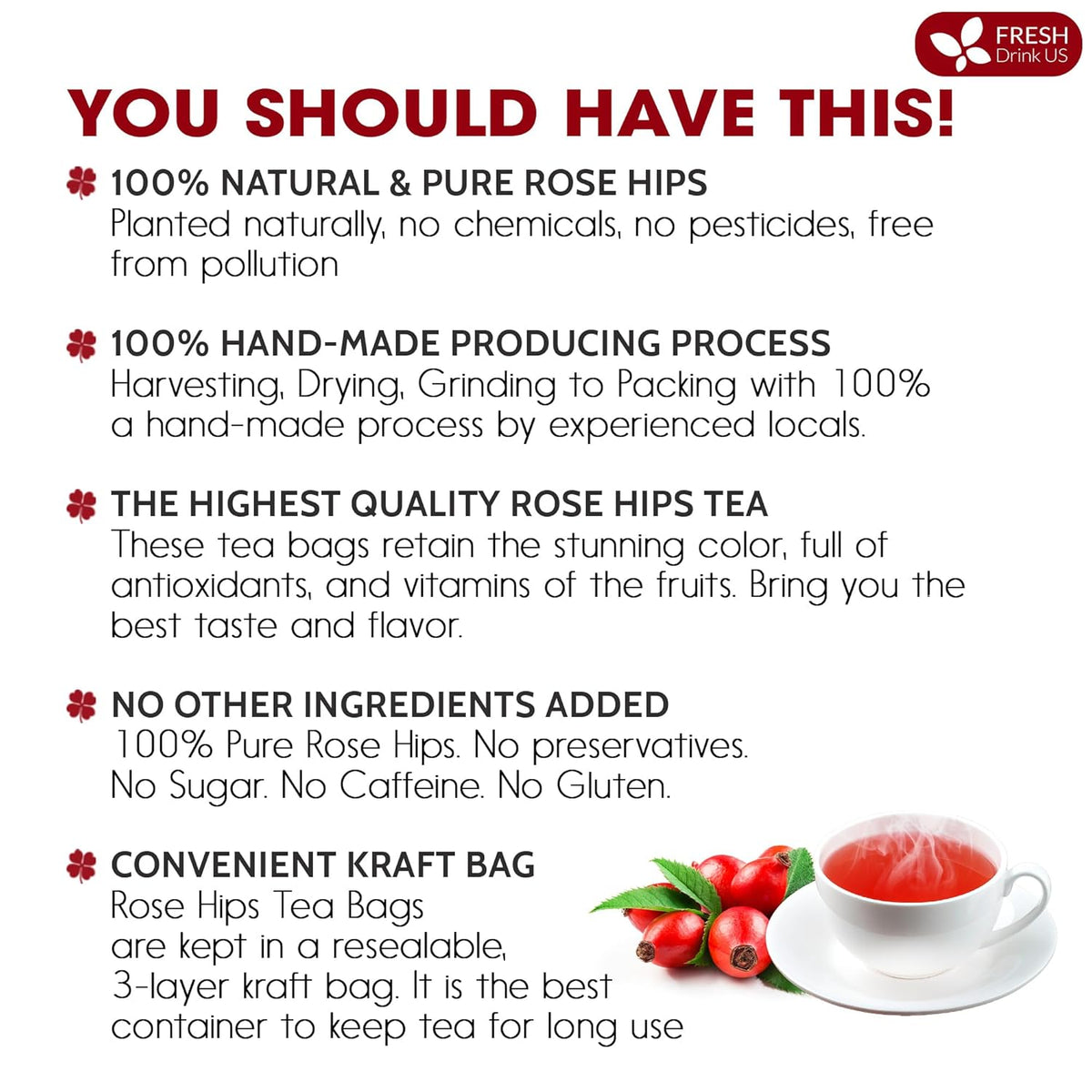 FreshDrinkUS, Premium 135 Rosehip Tea Bags, 100% Natural & Pure from Rose Hip Fruits. Loose Rosehip Herbal Tea. Made with Natural Material Tea Bags. No Sugar, No Caffeine, No Gluten, Vegan.