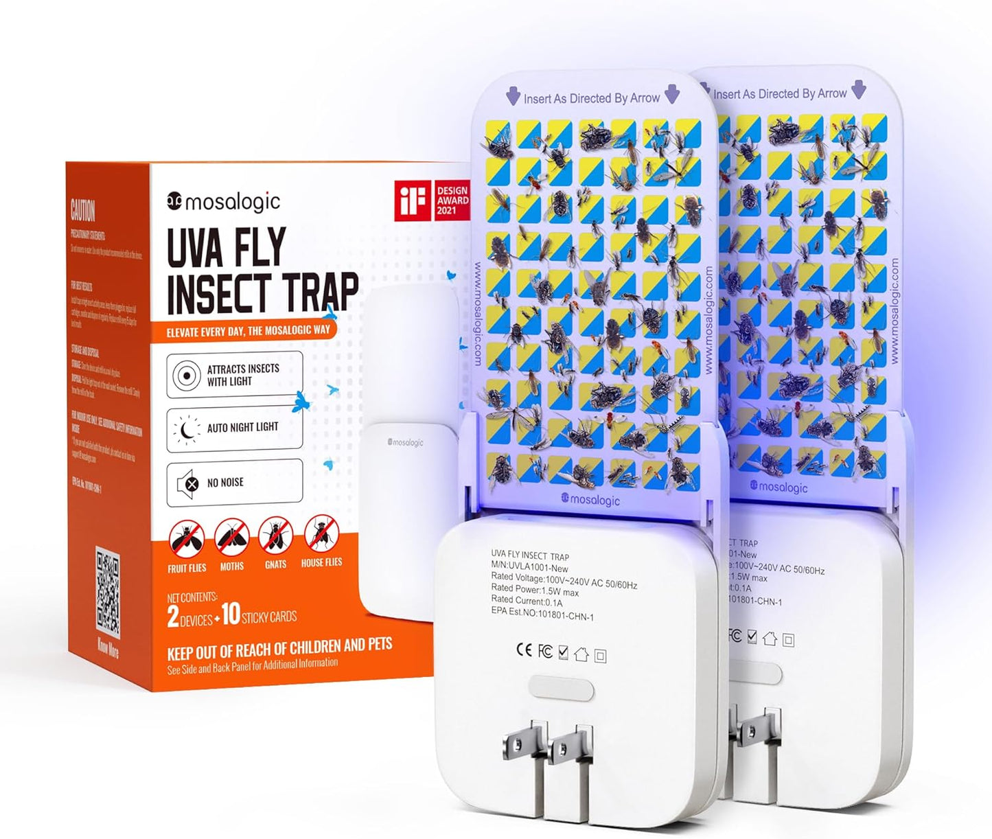 Mosalogic Fruit Fly Traps for Indoors Gnat Trap for House Indoor-600 Sqft Protection Area UV Fly Insect Trapper for Fruit Flies，Gnats，Mosquito，and Other Flying Insect Plug-in Bug Killer White 2Pack