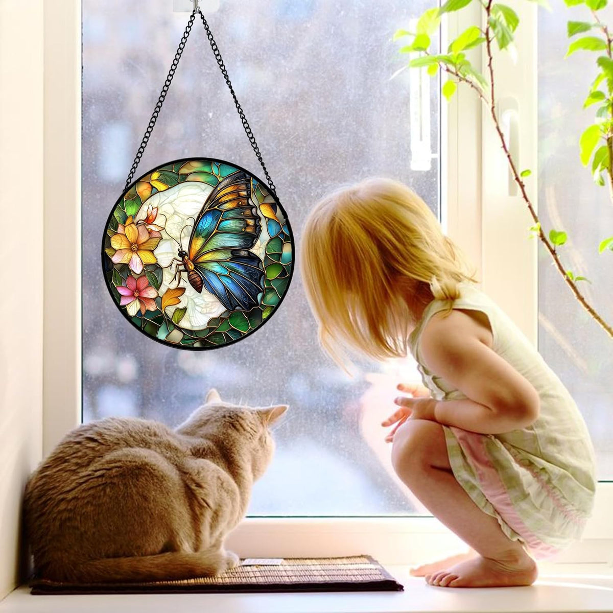 Stained Glass Window Hanging, Butterfly Flower Sun Catchers Diamond Glass Panel Hangings Insect Suncatcher Decor for Birthday for Women, Men, Wife, Aunt, and Mom 7.8 in