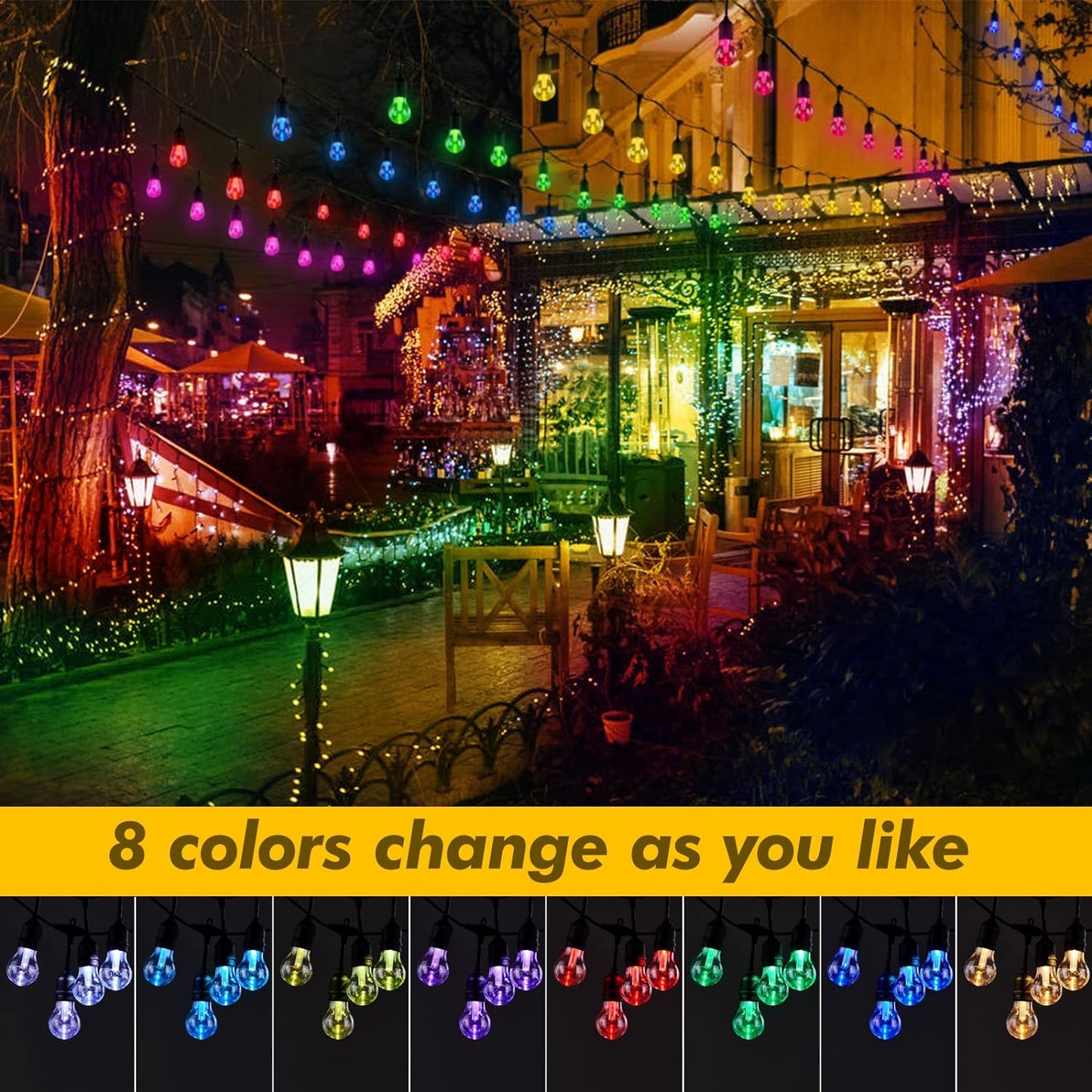 Auroraworld RGB Solar String Lights, 35FT Dimmable Patio String Lights Remote for Cafe