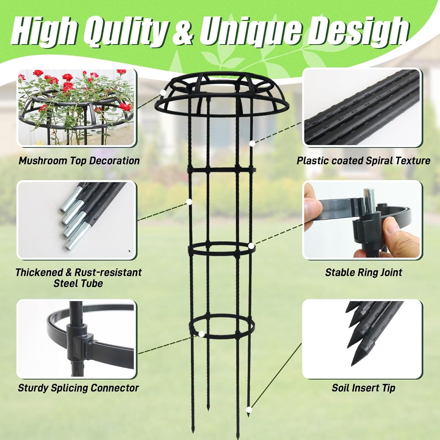 Garden Trellis for Climbing Plants, 2 Pack 53.2 Inch Mushroom Top Trellis for Climbing Plants Outdoor Indoor, Rustproof Metal with Plastic Coated Plant Climbing Support for Flower Fruits Vines