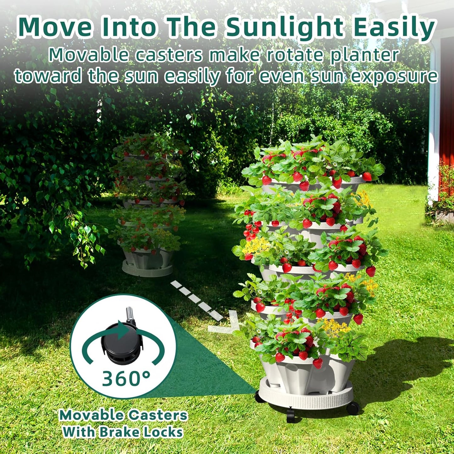 7 Tiered Strawberry Vertical Planter 2 Pack, Stackable Tower Garden Planter Herb Garden Planter with Movable Casters and Bottom Saucer Indoor and Outdoor - White