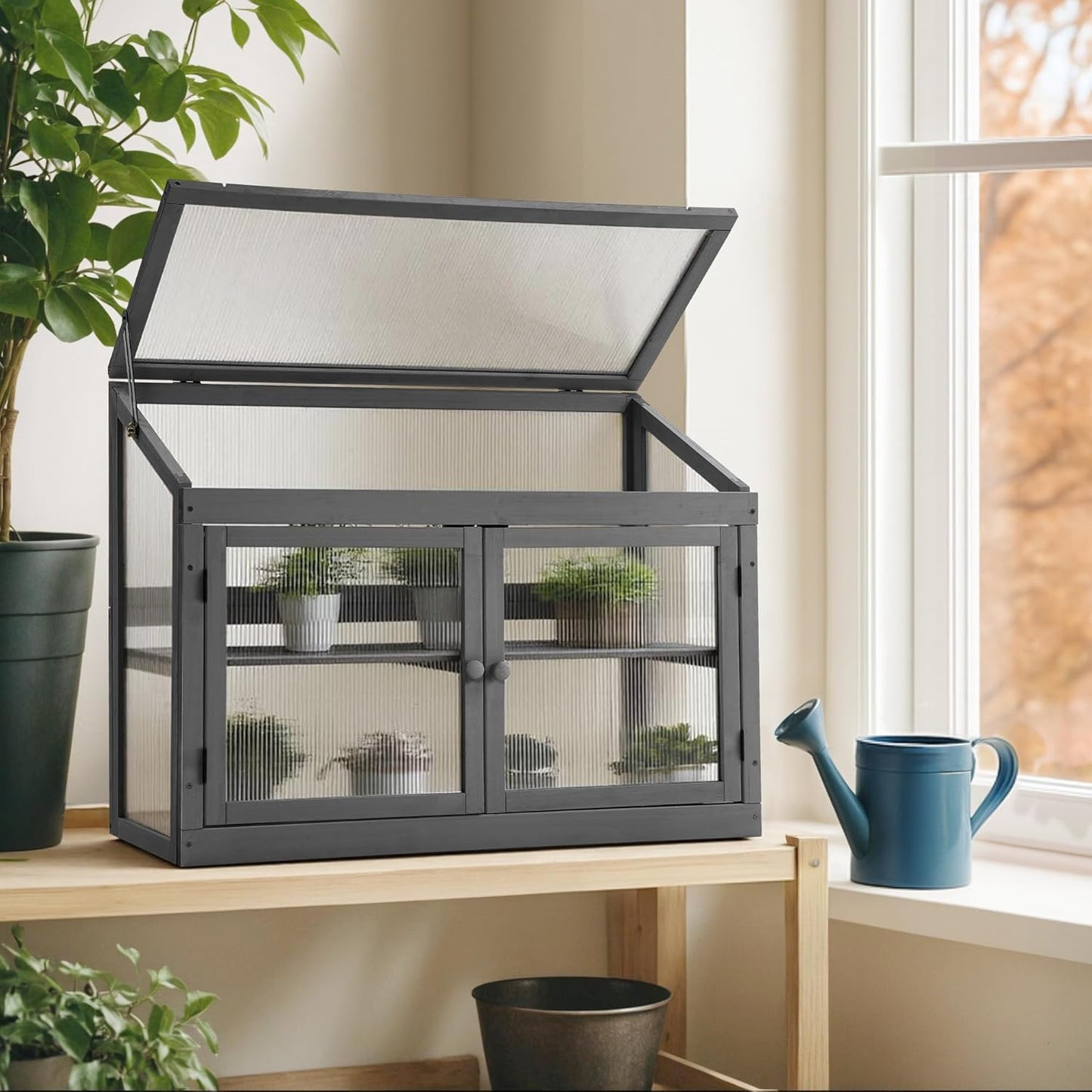 MCombo 2-Tier Wooden Cold Frame Garden Greenhouse Raised Flower Planter Shelf Bed Protection 6057-0160 (Dark Grey)