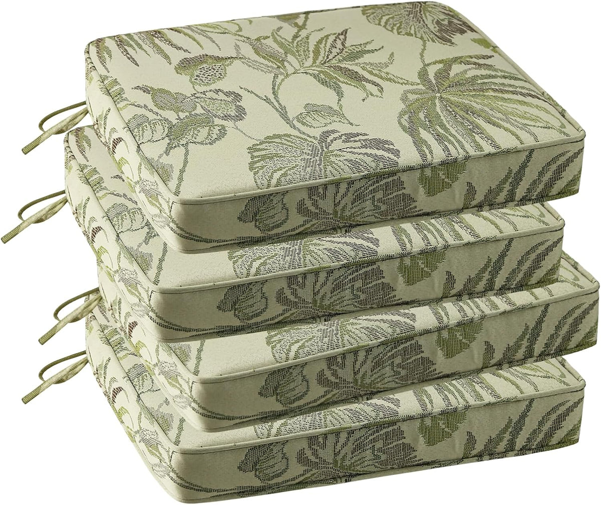 Outdoor Square Corner Seat Cushion, 19"x19"x3", Set of 4, Non Slip Seat Cushion Pads with Removable Cover for Patio Furniture, Garden Yard Lawn, Dark Green Vine