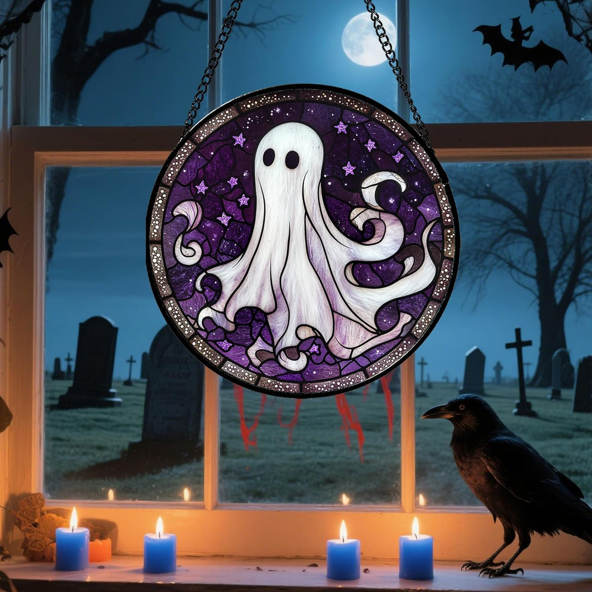 Stained Glass Window Hanging - Halloween Decorations White Ghost Purple Stars Suncatcher for Doors Garden Spooky Funny Sun Catchers Gothic Decor Horror Gifts for Women Men Friend 9.8 in