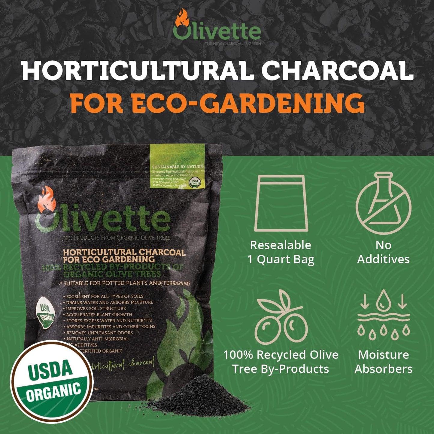 Olivette Horticultural Biochar Activated Charcoal for Plants, USDA Organic Moisture Control for Terrarium Trees & Potted Plants, Eco-Conscious, 3 Bags