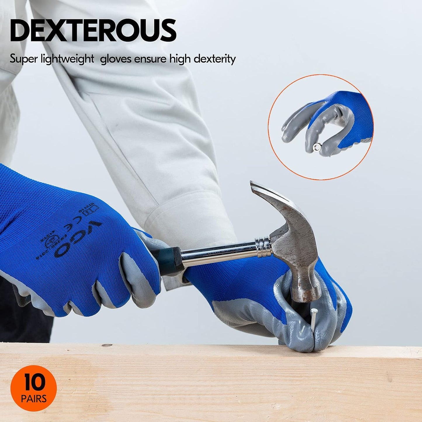 Vgo 10-Pairs Safety Work Gloves, Gardening Gloves, Non-slip Nitrile coating, Dipping Gloves (Size S, Blue, NT2110)