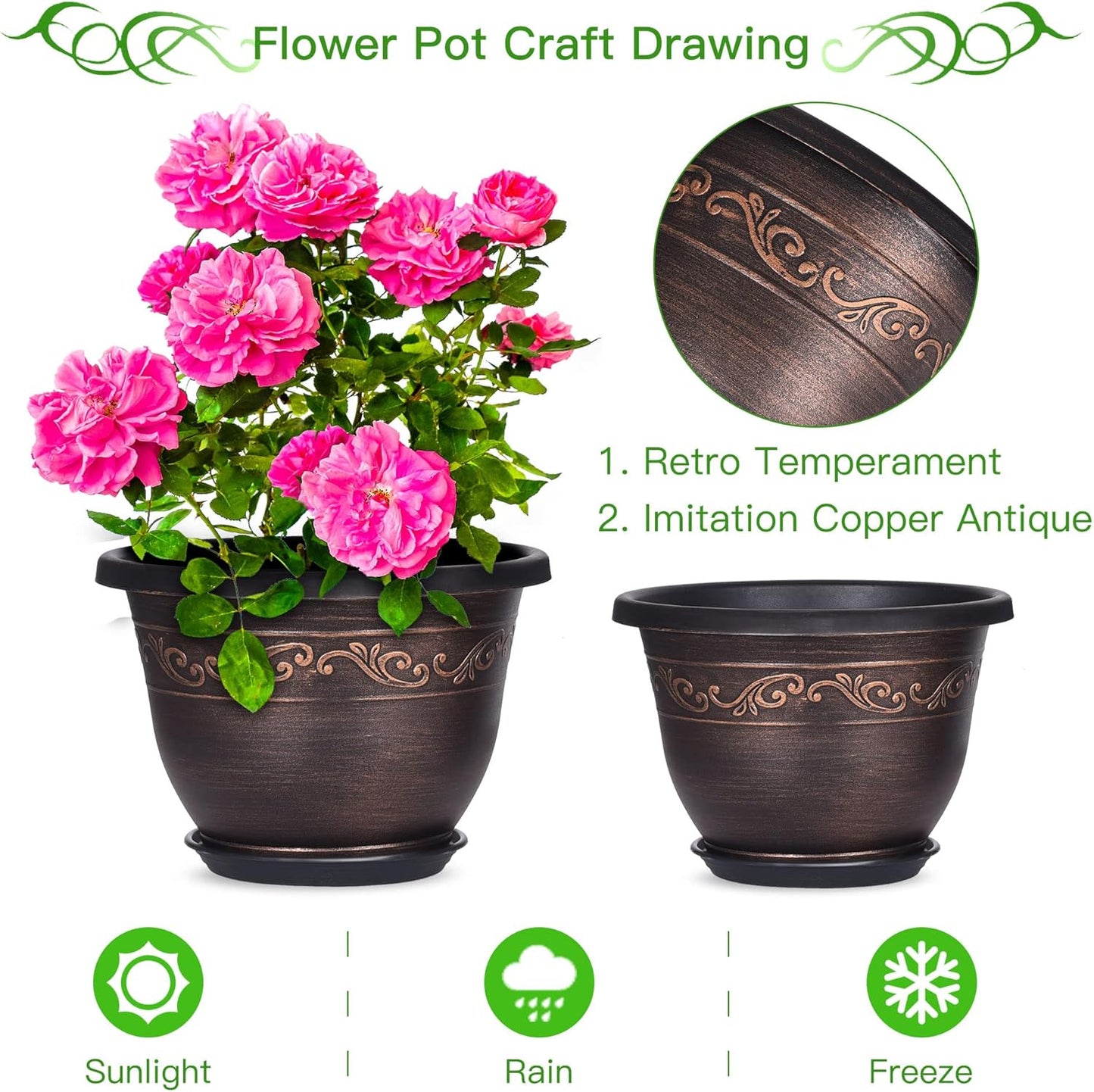 Plastic-Plant-Flower-Planters-10 Inch with Drainage Hole & Saucer, 3 Packs Lightweight Small Resin Flower Pot Indoor Outdoor, Retro Antique Imitation Decorative Garden Containers Sets for Houseplants