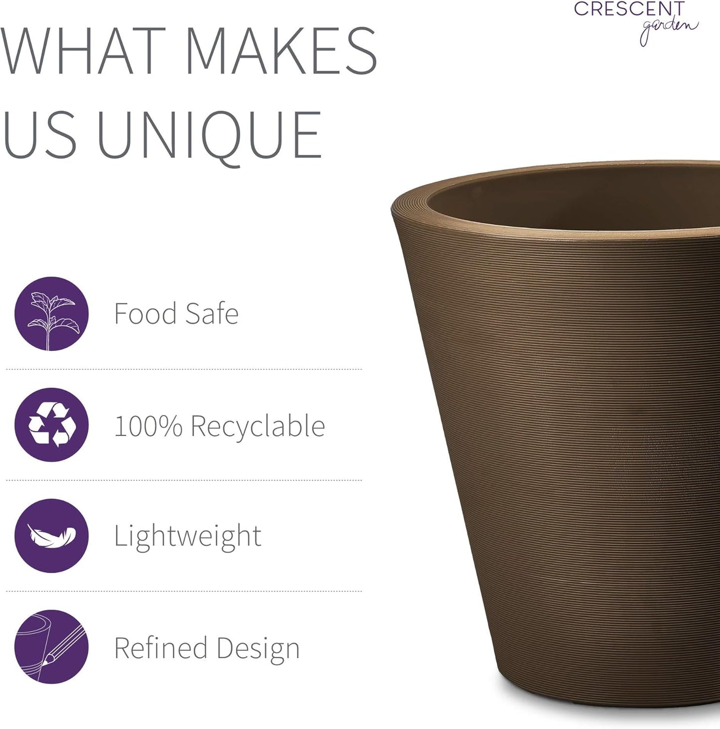 Crescent Garden Madison Planter– Weather-Resistant, Double Walled Indoor/Outdoor Plant Pot with Drain Hole – Durable All-Season Flower Container, 20" W (Mocha)