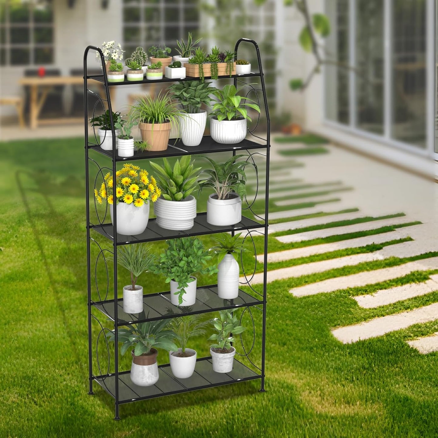 5 Tier Plant Stand Indoor Outdoor, Heavy Duty Plant Shelf, Metal Mesh Tall Plant Stands Holder Rack for Living Room Balcony and Garden, Black
