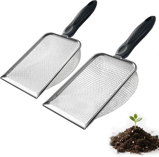 2 PCS 2-in-1 Gardening Soil Sifter Set with 2/2.8mm Mesh, Garden Sieve & Shovel Sifter Screen Potting Scoop for Sand, Dirt, Rock Compost, Stainless Steel & Ergonomic Handle