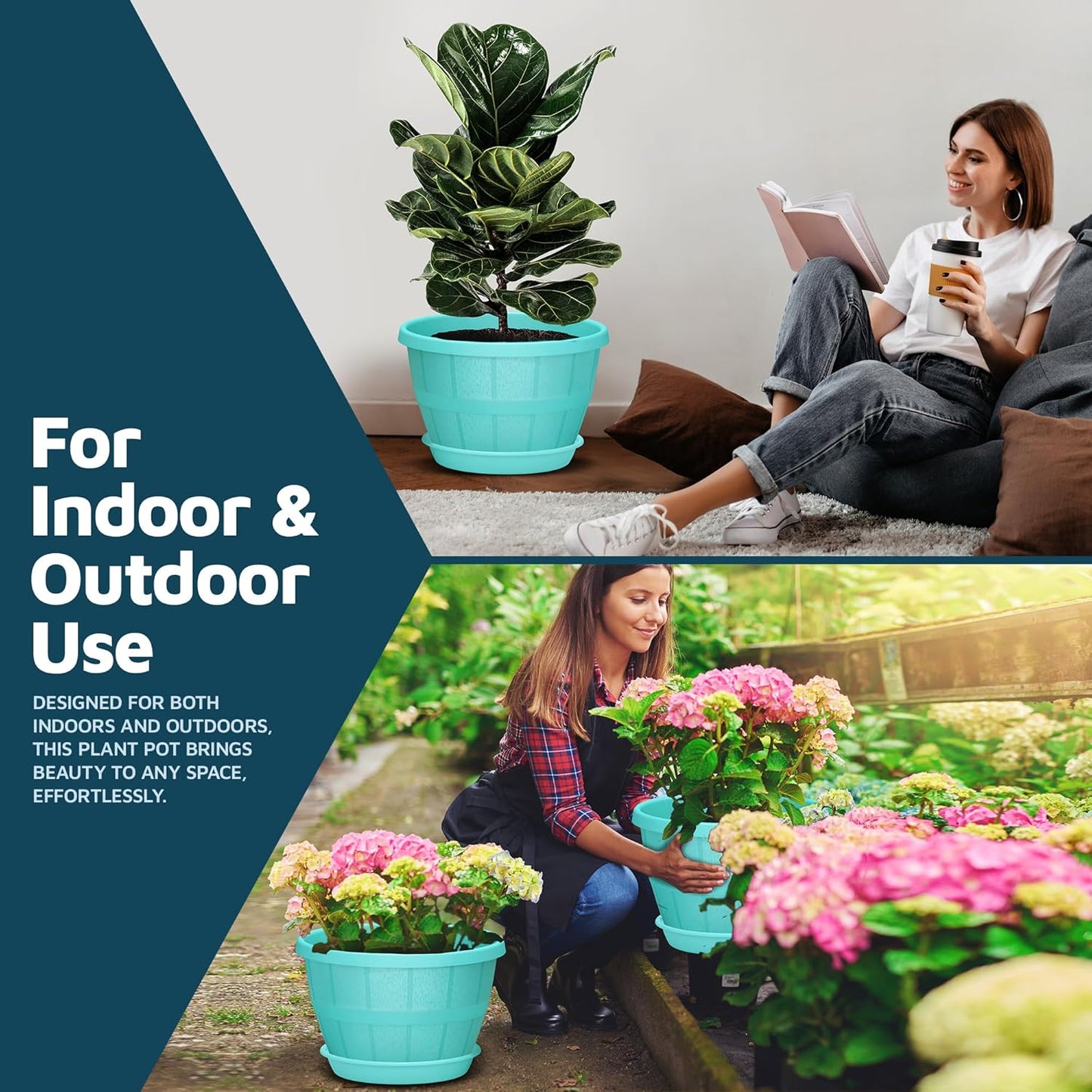 10-Inch Whiskey Barrel Planters Outdoor Pack of 2 - Durable Plastic Plant Pots for Indoor & Outdoor Use with Drainage & Saucer, Lightweight Rustic Barrel Planters for Flowers, Herbs & Small Plants
