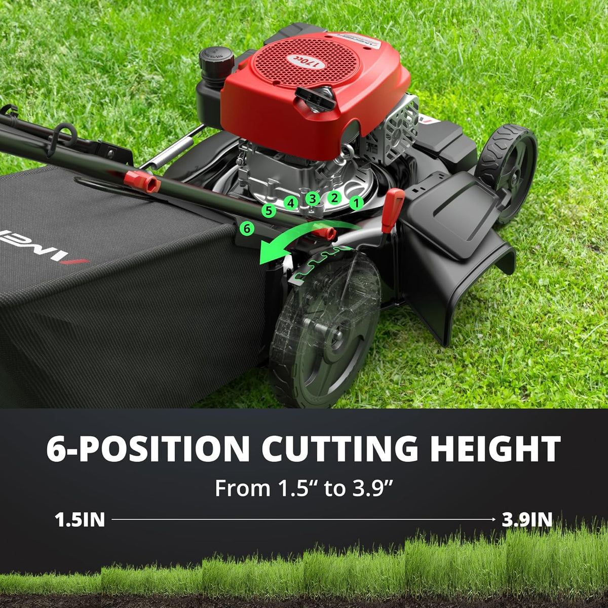 21" Gas Lawn Mower, Self-propelled Lawn Mower 3-in-1, 170cc OHV Engine with Forced Air Cooling, 6 Cutting Heights, 1.4-Bushel Grass Catcher