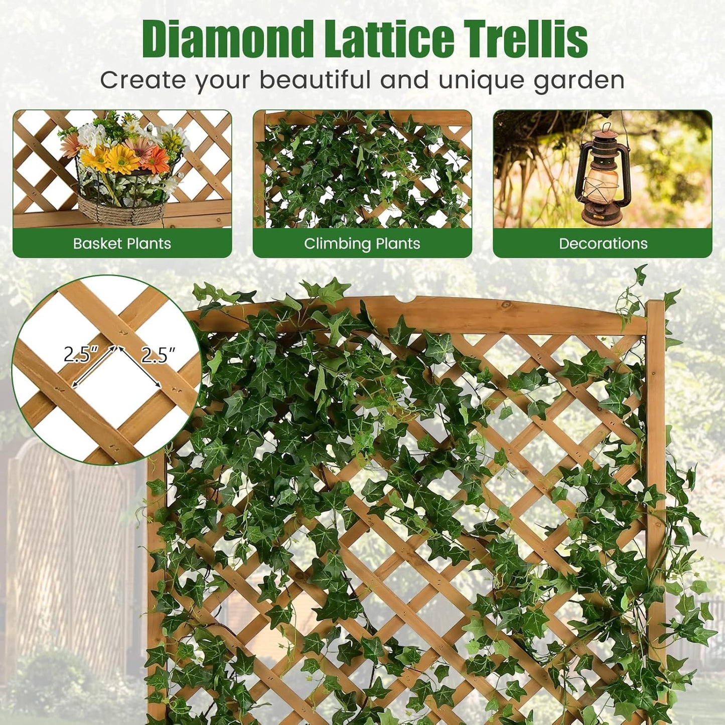 HAPPYGRILL Raised Garden Bed with Trellis, 71" Planter Raised Bed with Drainage Holes, Freestanding Garden Planter for Vine Climbing Plants, Wooden Planter Box for Yard Balcony(2, Yellow)