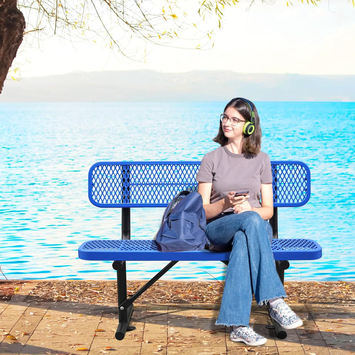 Drexo 4FT Heavy Duty Park Bench with Back Portable Frame, Outdoor Metal Park Bench with Backrest, Steel Mesh Outdoor Bench for Garden, Lawn, Patio, Porch, Park, Yard (Blue, 4FT)