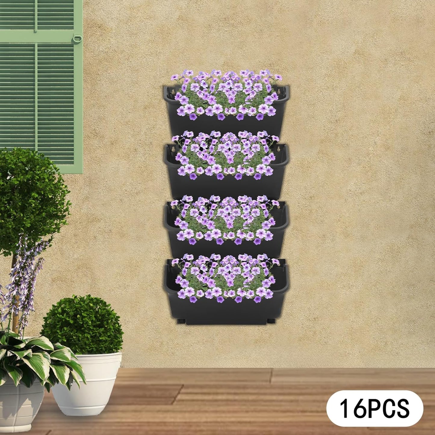 16 Pack Self Watering Wall Mounted Planter, Indoor and Outdoor Vertical Planter Wall Mounted Planter for Patio Outdoor Decor with Drainage Holes, Vertical Garden Planters for Indoor Plants- Black