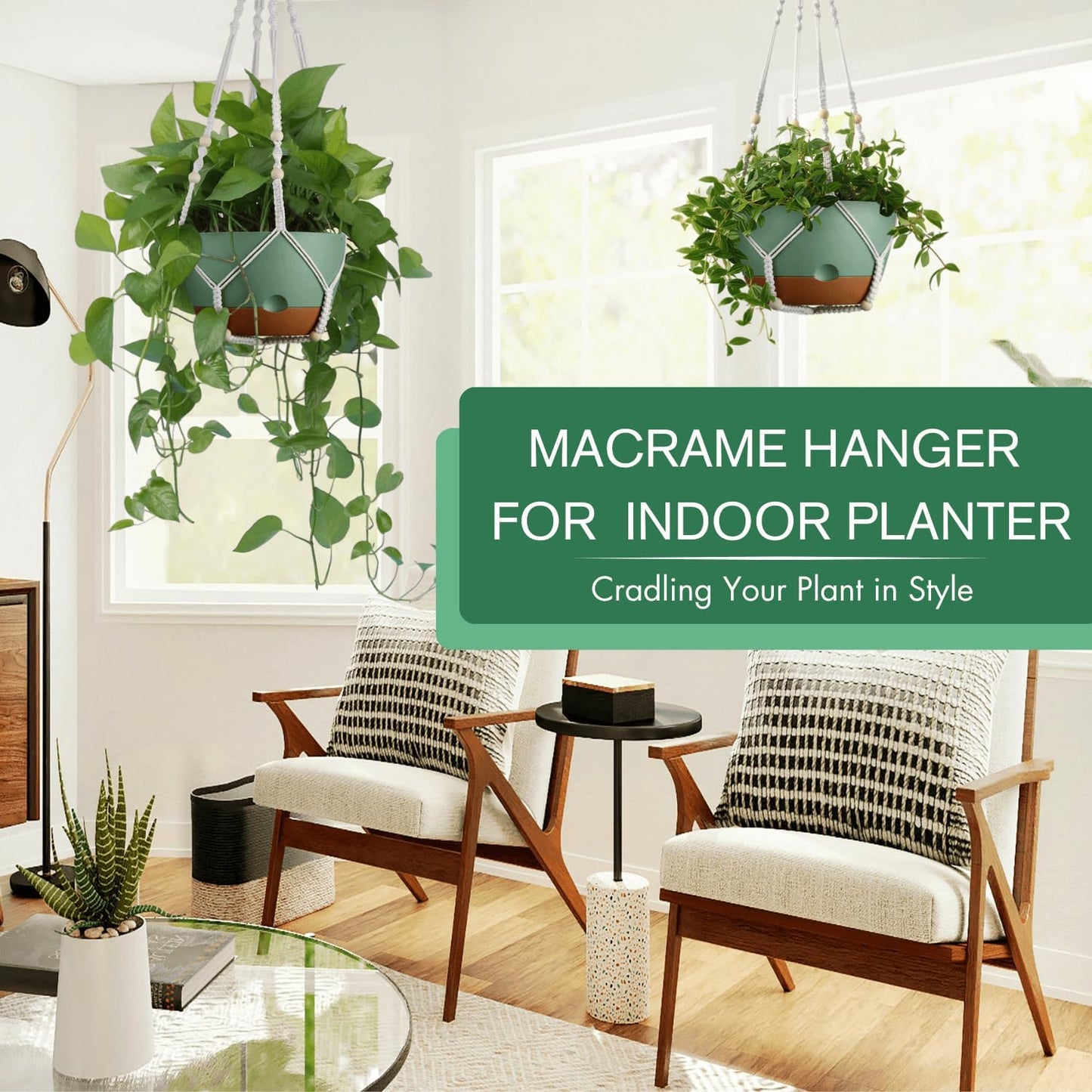 Set of 2-10 Inch Hanging Planters for Indoor Plants with Self-Watering Includes Hanging Pots for Plants, Outdoor Hanging Plant Pot with Drainage, and 2 Types of Baskets Hangers (Green, 10inch)