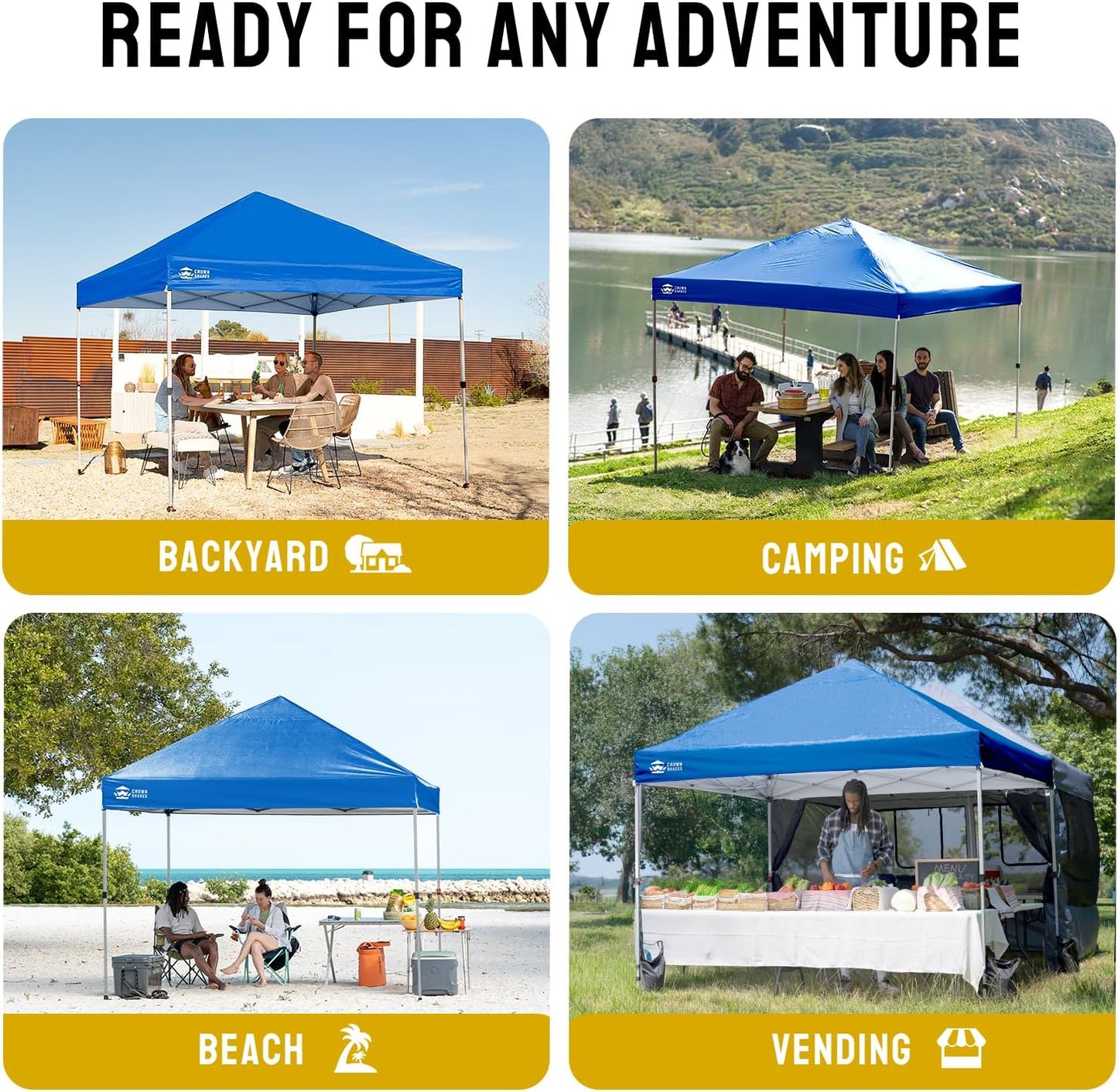 CROWN SHADES 8x8 Pop Up Canopy - Beach Tent with One Push Setup - Easy Outdoor Sun Shade for Events, Parties, Camping - Gazebo with STO-N-Go Cover Bag, Silver Coated Top, Blue