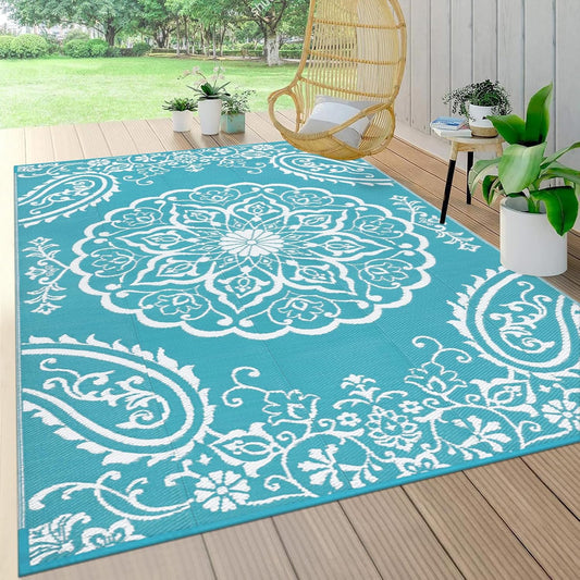 Pauwer Waterproof Outdoor Rug 5x8, Reversible Plastic Straw Patio Camping Rug, Indoor Outdoor RV Mat Carpet for Deck, Camper, Porch, Balcony, Backyard, Picnic, Boho Teal