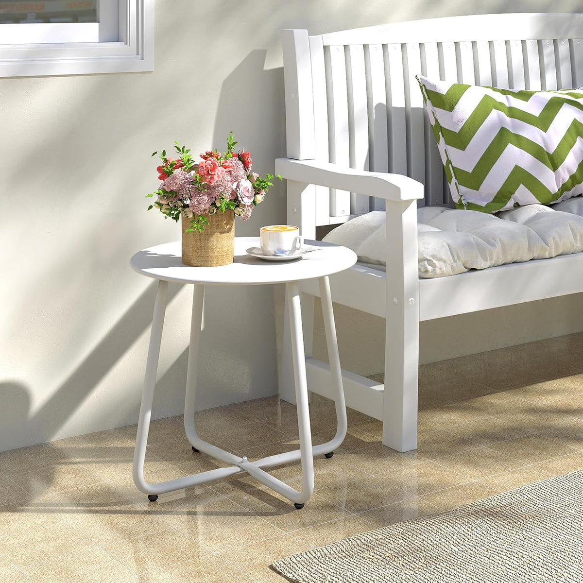 HollyHOME Round Metal Side Table, Rust-Resistant Patio Small Plant Stand, Outdoor 17.32'' Portable End Table for Balconies, Gardens, Living Rooms and Bedrooms, White