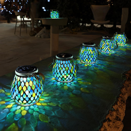 Cooo 4 Pack Mosaic Solar Lantern Outdoor Waterproof IP68 Hanging Projection Light Hidden Lid Pear-Shaped Lantern with Rope Handle Solar Powered Auto On for Patio Garden Fence Table - Azure Lattice