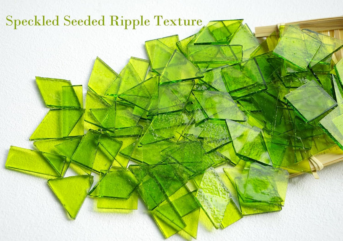 4 Shapes Large Transparent Mosaic Tiles for Mosaic Crafts, 200G Textured Stained Glass Supplies for Glass Mosaic Pieces, 70pcs Bulk Glass Mosaic Tiles for Glass on Glass Project, Green Grass