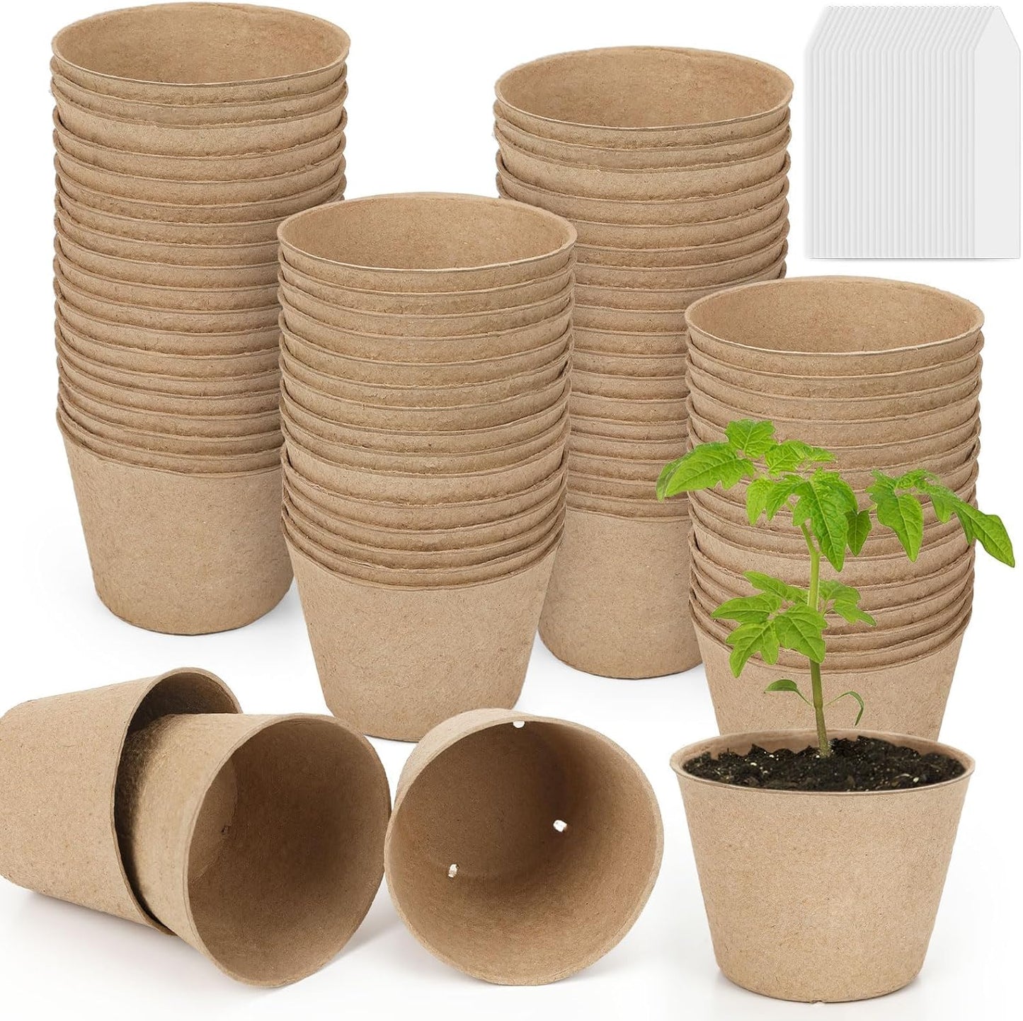 Augshy 4 Inch Peat Pots, 50 Pack Seed Starter Nursery Pots Round Plant Seedling with Drainage Holes for Garden Nursery Kits Seedlings Seed Starting Tray with 50 Plant Labels