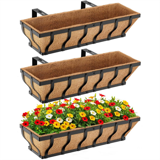 Railing Planter Boxes, Heavy Duty Window Box Planters, Adjustable Balcony Planters for Railing Hanging, with Coco Liner & Support Rod for Deck, Porch, and Patio Gardening (3 Pack, 24 Inch)
