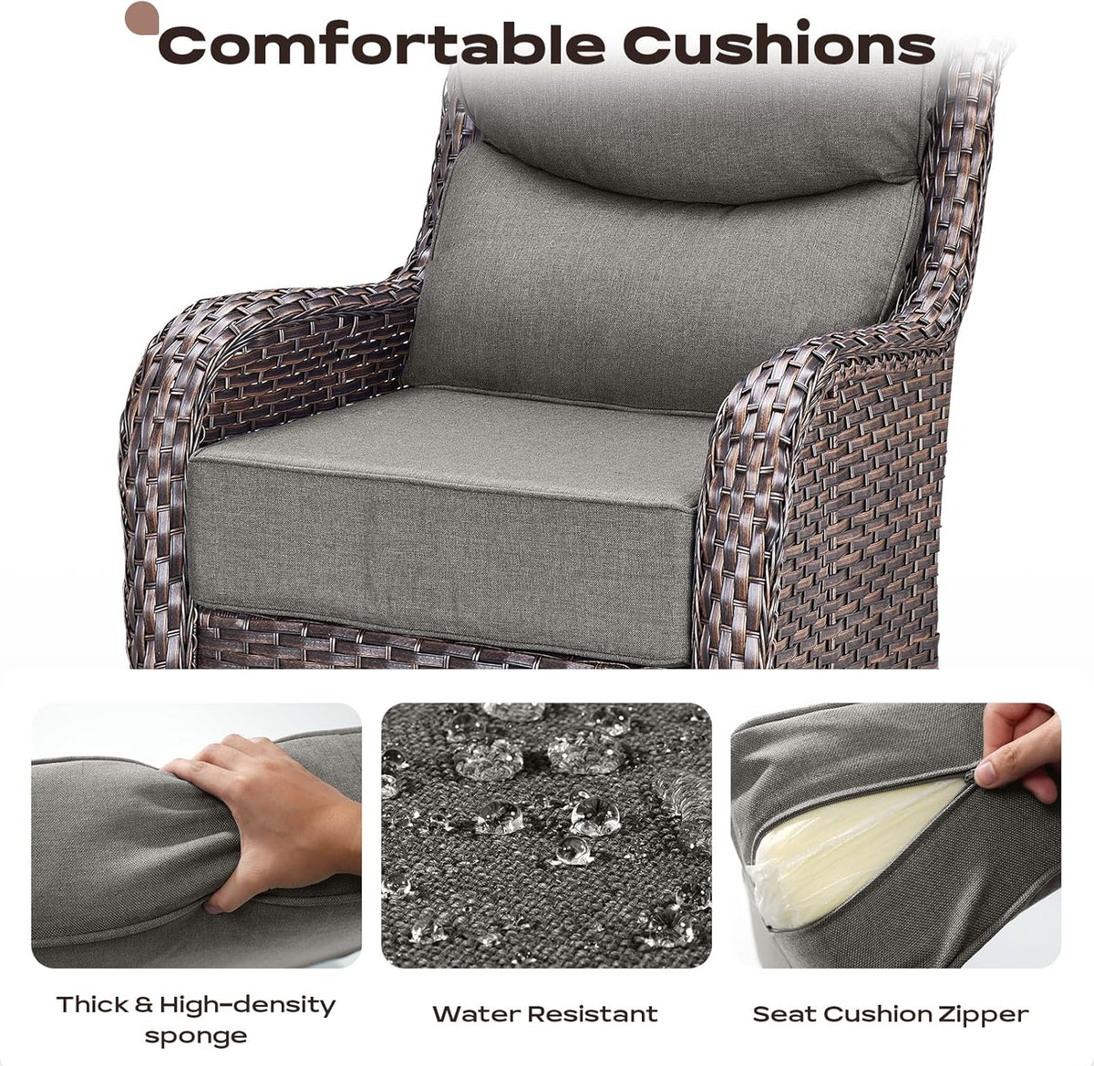 Wicker Outdoor Patio Furniture Set - 5 Piece Patio Conversation Sets with Swivel Rocker Chairs, Ottomans and Side Table, 6 inch Cushions, Waterproof Wicker, for Porch Deck Brown/Grey