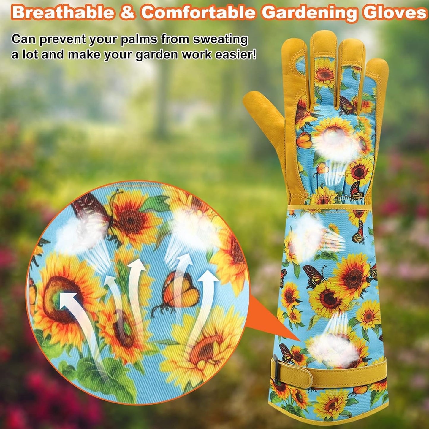 DLY Gardening Gloves for Women, Rose Gloves Gardening Thorn Proof, Long Garden Gloves for Women, Breathable Cowhide Leather Gauntlet (Small, Blue