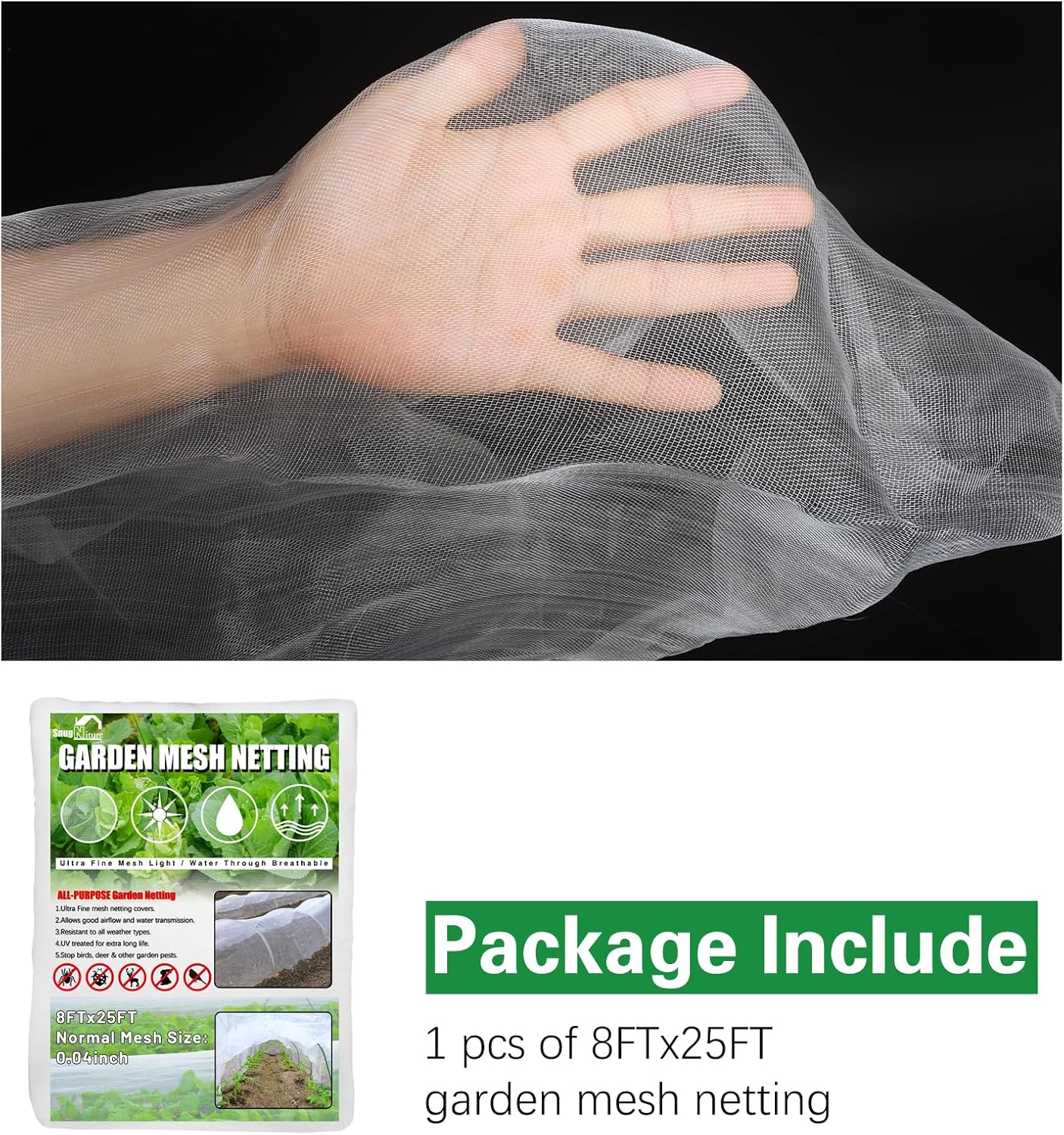 SnugNiture 3 Pack Garden Netting 8x25FT Ultra Fine Mesh Mosquito Netting Plant Covers, White Bird Netting Barrier Greenhouse Row Cover Protect Fruits Flower Vegetables from Birds Deer & Squirrels