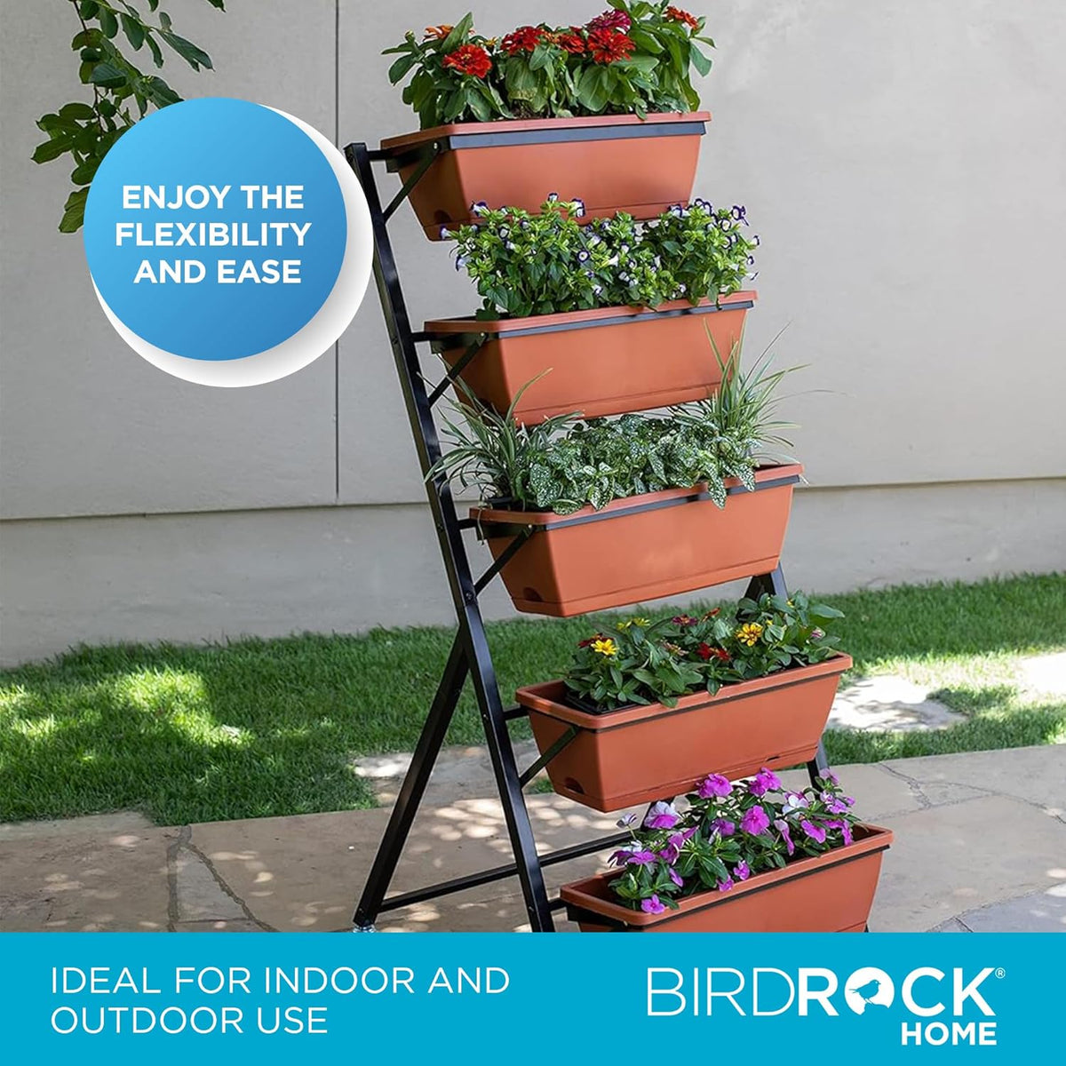 BIRDROCK HOME 5-Tier Vertical Garden Planter Bed - Raised Flower Stand - Rolling Plant Tower - Weather Resistant Box - Indoor or Outdoor - Herbs Flowers Berry’s Vegetables - Metal