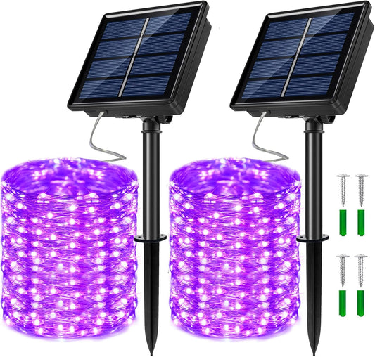 2 Pack Solar Powered Fairy String Lights Outdoor Waterproof 8 Modes Twinkle Christmas Decorations Lights, Each 33ft-100LED, 40ft-120LED, 66ft-200LED, 80ft-240LED, (Purple, 66)